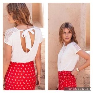 NWT Sezane Ecru Linen and Lace Short Sleeve Top